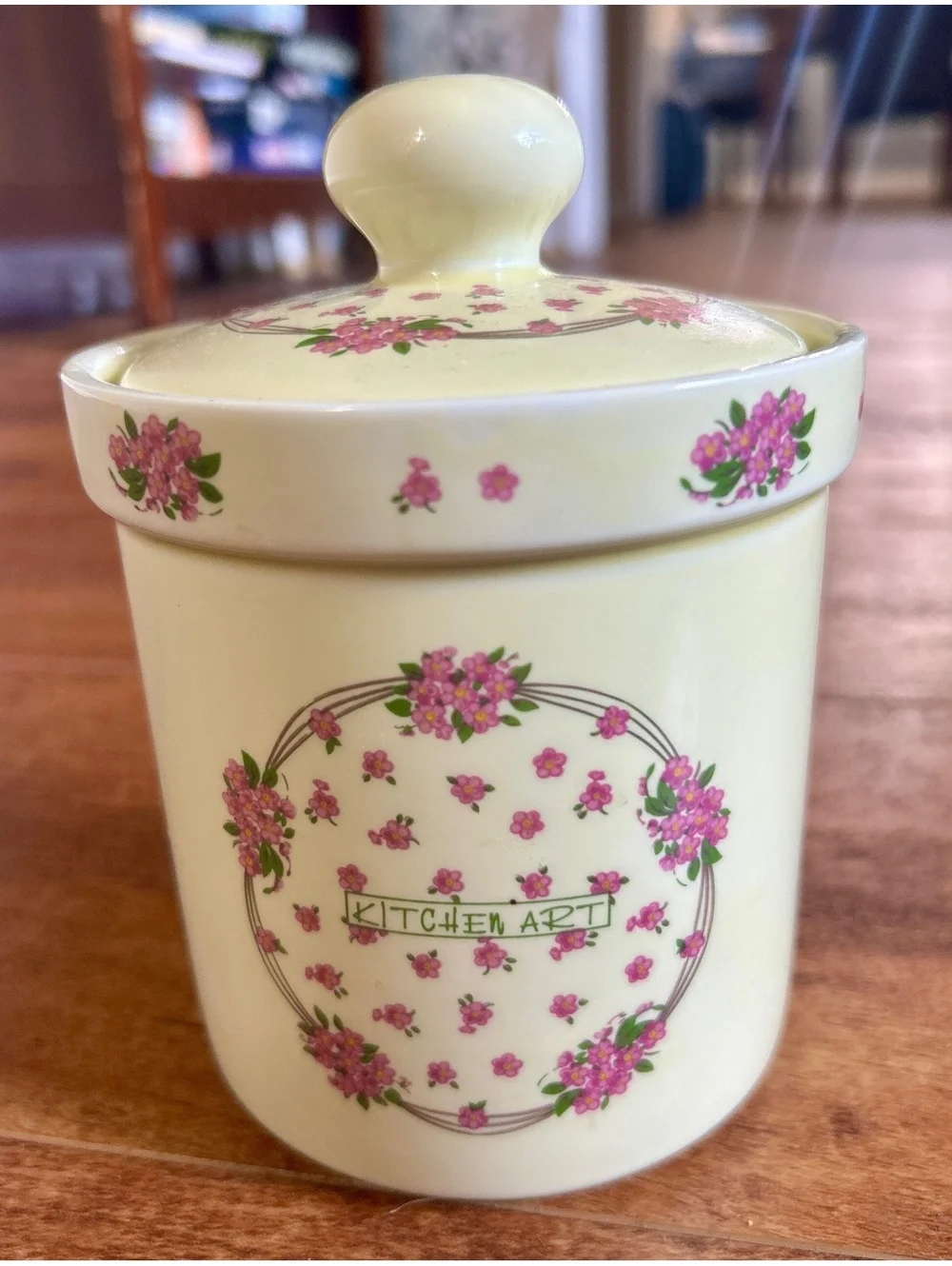 Vintage Kitchen Art Ceramic Canister with Pink Floral Design and Lid